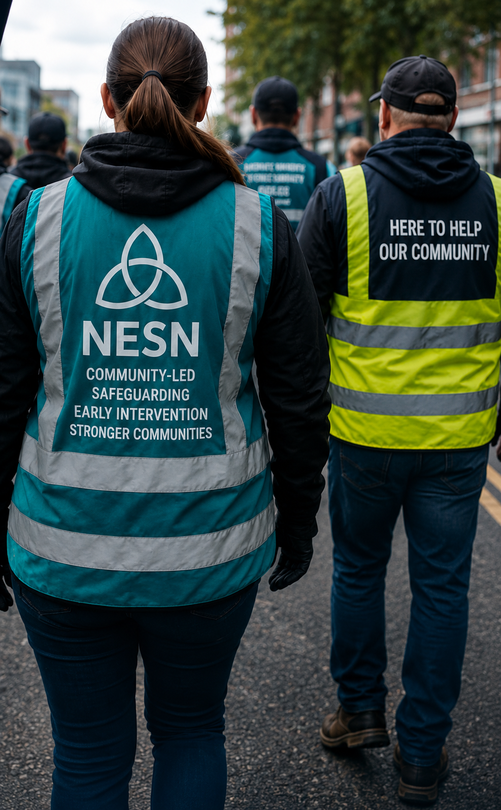 NESN volunteers in teal hi-vis vests walking through a community